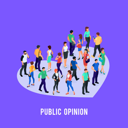 Social concept of public opinion. Isometric crowd of people standing on the Like in the form of...
