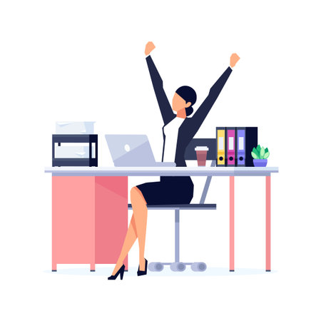 Businesswoman in a flat style isolated on white background. The office worker relaxes leaning back in his chair. Manager stretches in the workplace. Vector illustration.のイラスト素材