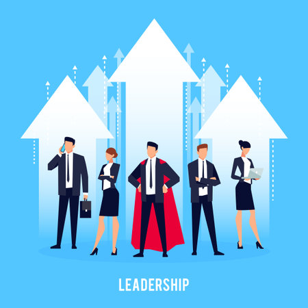 Leadership. Business concept with a team of businessmen standing in the background of arrows. Business team in a flat style. Vector illustration.のイラスト素材