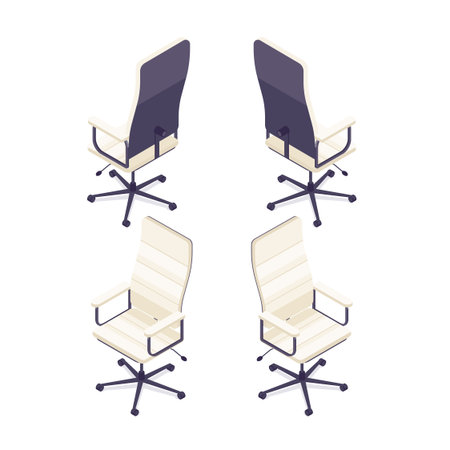 Isometric computer chair isolated on white background. 3d armchair, front view and rear view. Element of office furniture. Vector illustration.のイラスト素材