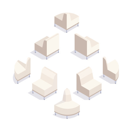 Set of elements of isometric sofa isolated on white background. 3d sofa view from the rear and from the front. Office furniture. Interior element of living room or office. Vector illustration.のイラスト素材