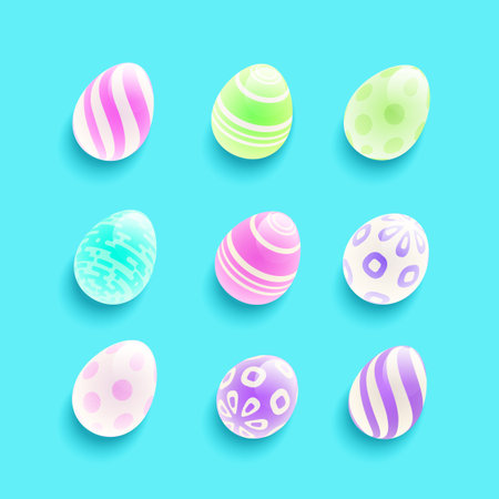 Set of Easter eggs. Painted in pastel colors 3d eggs isolated on blue background. Collection of Easter eggs for banners, flyers and websites. Vector illustration.のイラスト素材