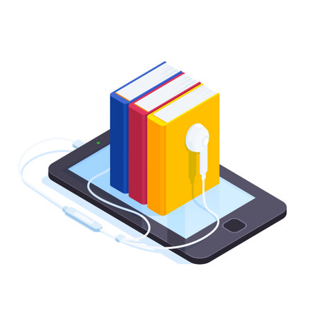 Audiobooks isometric concept. 3d pile of books with the headphones on the smartphone screen. Listening to e-books in audio format. Books online. Vector illustration.のイラスト素材