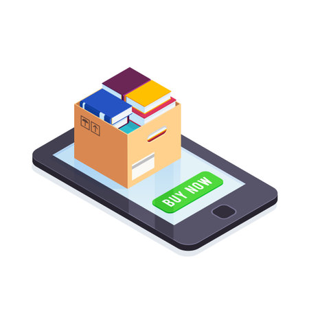 Ebooks isometric concept. 3d pile of books in a cardboard box on the smartphone screen. Buying and reading books online. Vector illustration.のイラスト素材