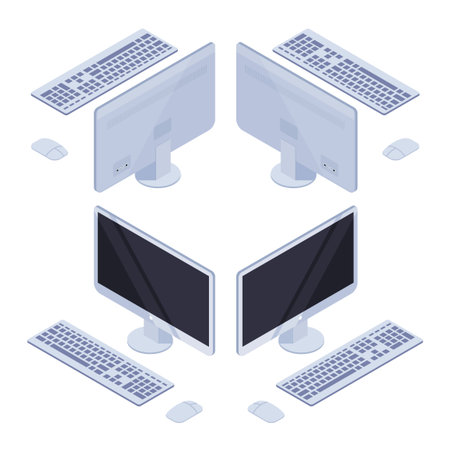 Isometric computer monitor with keyboard and mouse. 3d computer front view and back view, isolated on white background. Vector illustration.のイラスト素材