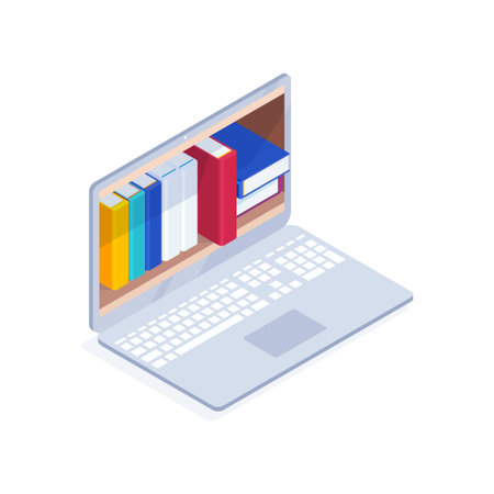 Online library isometric concept. 3d books on the computer screen. Reading electronic books online on computer. Education concept. Vector illustration.のイラスト素材