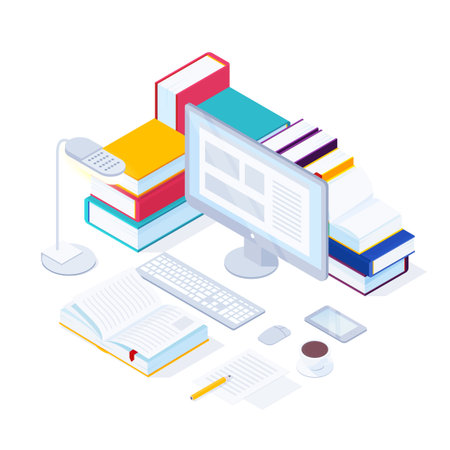 E-learning isometric concept. 3d pile of books next to a computer, open book, lamp, smartphone. Workplace learning. Online education. Vector illustration.のイラスト素材