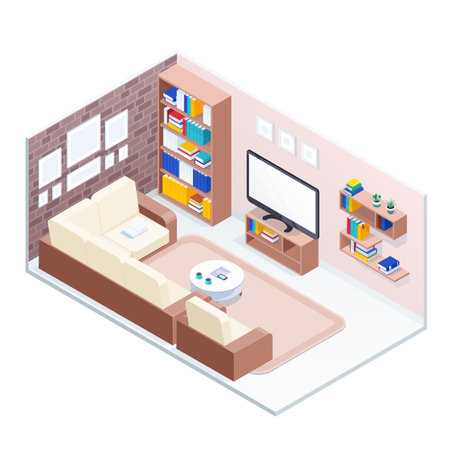 Isometric concept of living room. 3d interior with furniture, TV, sofa and bookcase. Vector illustration.のイラスト素材