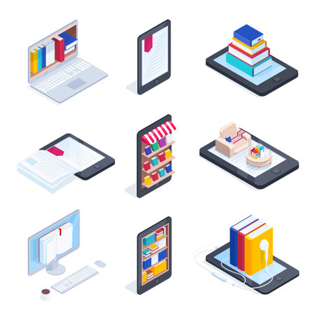 Set of isometric icons of e-books. Mobile phone with books on the shelves. 3d concept of electronic books, audiobooks, reading online. Vector illustration.のイラスト素材
