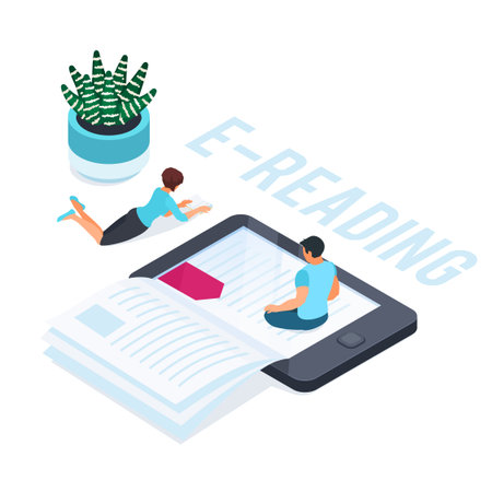 Electronic book isolated on white background. 3d e-book concept with reading people. Reading books from mobile device vector illustration.のイラスト素材