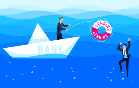 Lending businessman drowning in the sea is catching a lifeline. Template design is a bank loan vector illustration.のイラスト素材