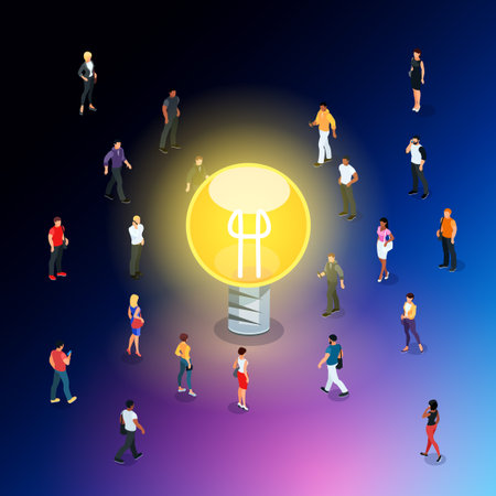 Isometric social concept. Idea. 3d crowd of people with different skin color, men and women are standing around a huge light bulb. Startup. Vector illustration.のイラスト素材