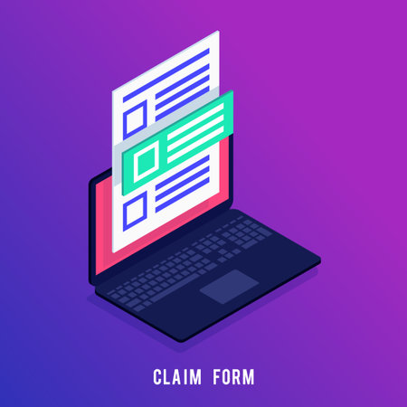 3d claim form on the laptop screen. Trendy isometric background. Vector illustration.のイラスト素材