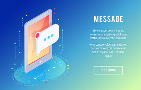 Message. Isometric mobile phone with a new message icon. 3D concept of communication in social networks. Trendy isometric background. Vector illustration.のイラスト素材
