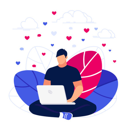 Young blogger man using laptop and collect likes in the social network. Modern composition in a flat style vector illustration.のイラスト素材