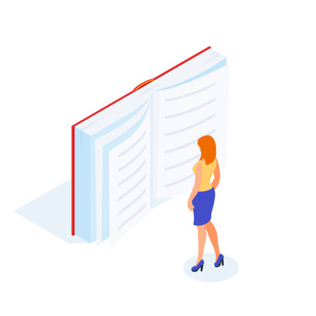 Isimetric book isolated on white background. 3d book with reading woman. Education concept. Vector illustration.のイラスト素材