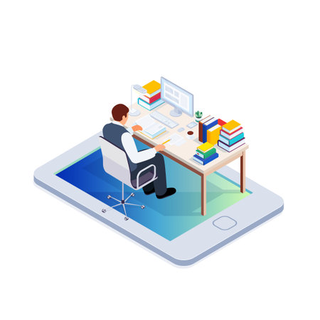 Electronic book isolated on white background. 3d e-learning concept with reading man. Reading books from mobile device. Vector illustration.のイラスト素材