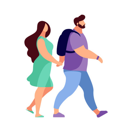 Couple of young people in a flat style. A man and a woman are walking and holding hands. Modern youth in casual clothes. Vector illustration.のイラスト素材