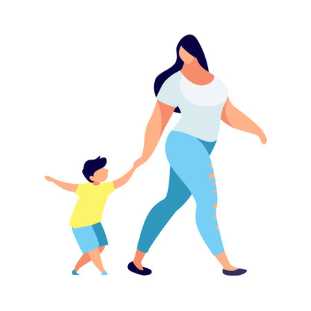 Young woman with child in a flat style. Mother leads the son by the hand. Son and mom. Modern parent in casual clothes. Vector illustration.のイラスト素材