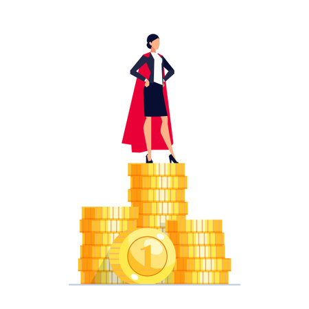 Earnings. Businesswoman stands on a pile of coins. Wealth concept in a flat style. Vector illustration.のイラスト素材