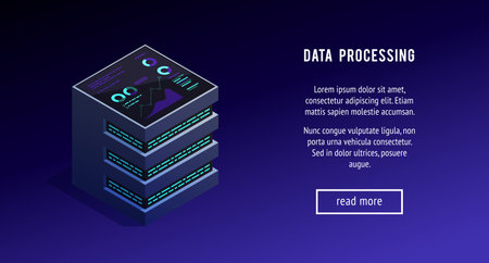 Isometric concept database. 3d concept of data processing. Abstract power station, the technology of the future. Horizontal banner. Vector illustration.のイラスト素材