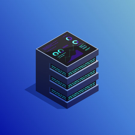 Isometric concept database. 3d concept of data processing. Abstract power station, the technology of the future. Horizontal banner. Vector illustration.のイラスト素材