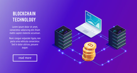Isometric concept statistics and analysis. 3d gold bitcoin, servers and laptops. Cryptocurrency. Isometric blockchain, baner design template. Vector illustration.のイラスト素材