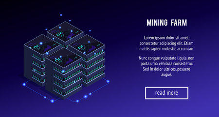 Isometric concept bitcoin mining. 3d server room. Cryptocurrency. Vector illustration.のイラスト素材
