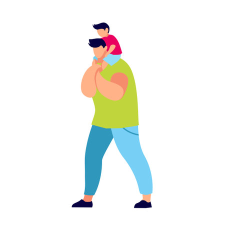 Young man with child in a flat style.  Dad carrying son on his shoulders. Happy family. Modern parent in casual clothes. Vector illustration.のイラスト素材