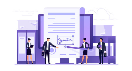 Electronic signature. Business concept of contracting online. Businessmen make an online deal. Template banner design in a flat style. Vector illustration.のイラスト素材