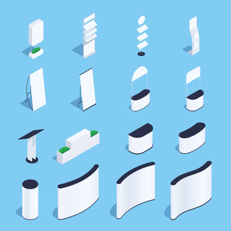 3d office furniture. Set of white isometric racks, stands. Blank mockup for exhibition. Vector illustration.のイラスト素材