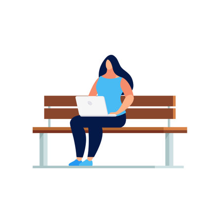 Young woman in a flat style using laptop outdoors. Woman with long hair in a casual style clothes sitting on a bench. Isolated on white background. Vector illustration.のイラスト素材