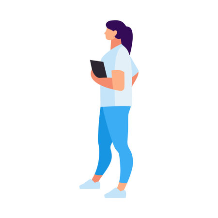 Young woman in a flat style is standing with tablet in hands. Woman with ponytail in a casual style clothes isolated on white background. Vector illustration.のイラスト素材