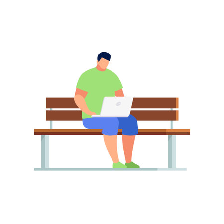 Young man in a flat style using laptop outdoors. Man with dark hair in a casual style clothes sitting on a bench. Isolated on white background. Vector illustration.のイラスト素材