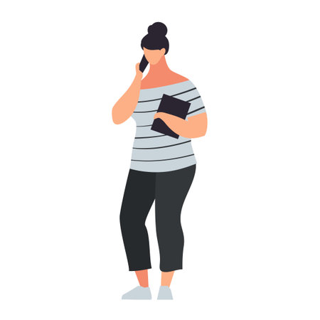 Young woman in a flat style with tablet and talking on the phone. Woman in a casual style clothes isolated on white background. Vector illustration.のイラスト素材