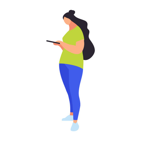 Young woman in a flat style is using tablet. Woman with long dark hair in a casual style clothes isolated on white background. Vector illustration.のイラスト素材