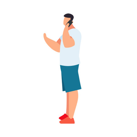 Young man with a raised hand in a flat style talking on phone. Casual style clothes. Man in shorts, T-shirt. Stands sideways. Vector illustration.のイラスト素材