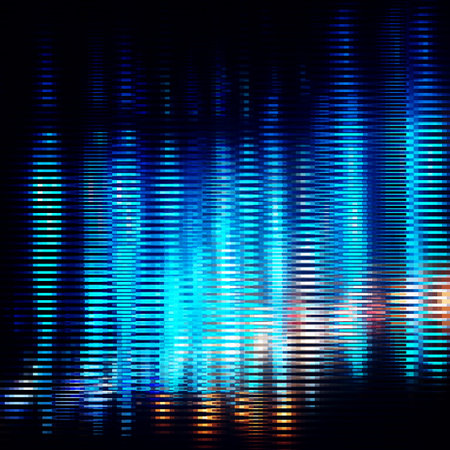 Bright blue striped glitter background with glitch effect. Colorful bright mosaic horizontal strips on black. Stretched color effect. Vector illustration.のイラスト素材