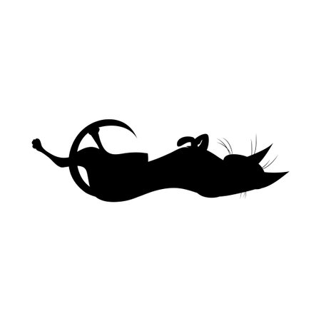 Silhouette of black playful witch cat. Cute lying on her back witch cat. Vector illustration.のイラスト素材