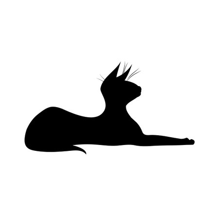 Silhouette of black lying witch cat. Cute witch cat in profile. Vector illustration.のイラスト素材