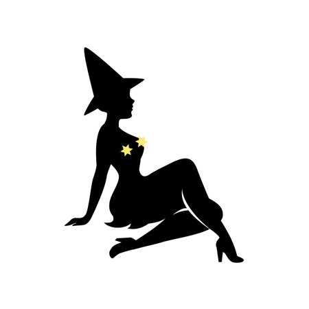Black silhouette of witch in hat, halloween. Sorceress in dress is sitting sideways. Young woman in carnival costume. Vector illustration.のイラスト素材
