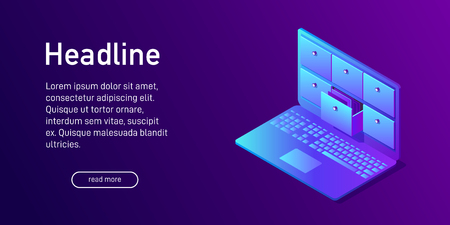 Isometric concept of database, landing page design. Web site decor with 3d card index in laptop. Vector illustration.のイラスト素材