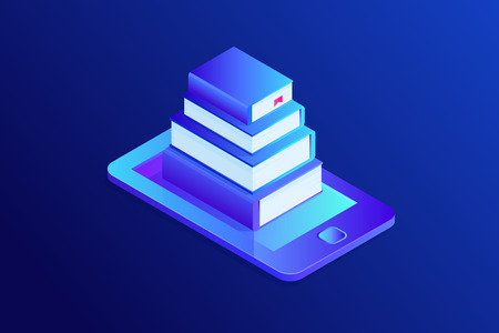 Isometric concept of e-books library, paper book in smartphone. 3d paper books on phone screen, eBook storage. Vector illustration.のイラスト素材