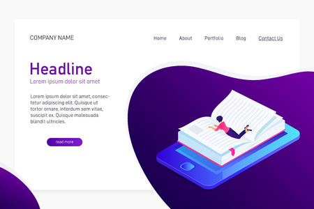 Concept of web site main page with isometric concept of e-book. Landing page design with isometry. Person, woman lying and reading 3d eBook. Paper book with bookmark on phone screen. Vector illustration.のイラスト素材