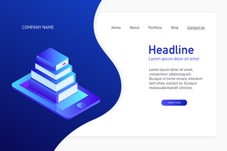 Concept of main page of web site with eBook library. Landing page design with isometry. 3d paper books on phone screen, eBook storage, distance learning. Vector illustration.のイラスト素材