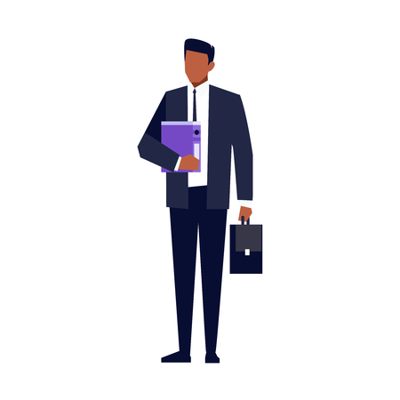African American businessman with briefcase and folder in hand, man in office clothes with tie holding document case, vector illustration in flat style on white backgroundのイラスト素材