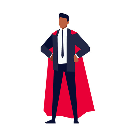 African American businessman in red superhero cloak, man in office clothes with tie, vector illustration in flat style on white backgroundのイラスト素材