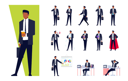 African American businessman in different situations set, successful confident man in office clothes with tie, vector illustration in flat style on white backgroundのイラスト素材