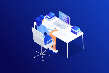Isometric concept busy woman using laptop, doing homework, studying, young female reading book, make notes, writing article, essay, scientific work, 3d vector illustration on blue backgroundのイラスト素材