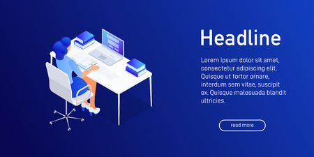 Isometric concept of writing research work, studying, landing page design. Woman studying using laptop, reading book, make notes, writing article, essay, scientific work. 3d vector illustration.のイラスト素材